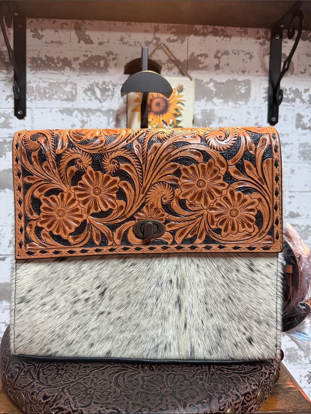 Hand-Tooled Floral Leather and Hair-On Hide Shoulder Bag - Tan/White